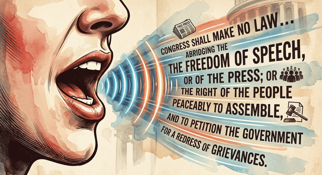 Open mouth with text of First Amendment protections for freedom of speech, press, assembly, and petition